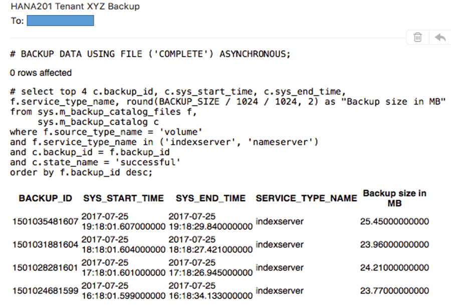 IT-Conductor SAP Basis Automation HANA Backup Create SQL Job - Notification