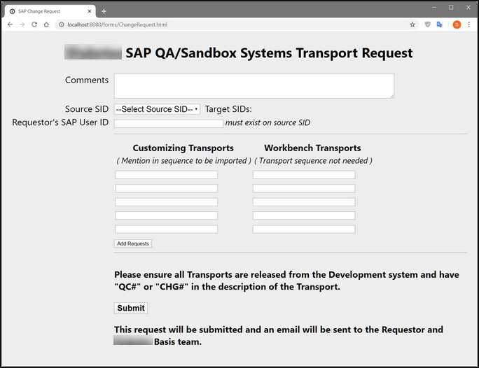 SAP Change Request Webform