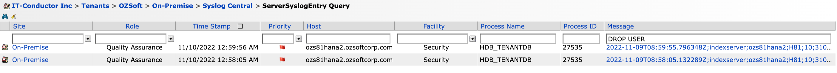 Syslog Server Query Results for DROP USER