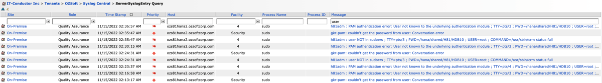 Syslog Server Query Results for user