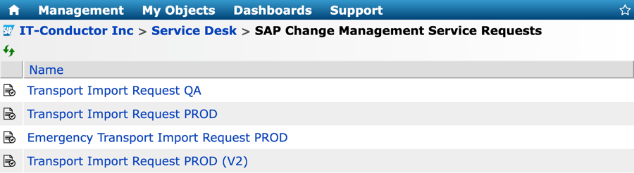 SAP Change Management Service Requests (Service Catalog)
