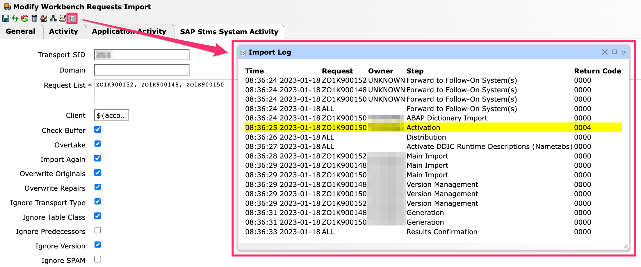 Transport Request Import Log