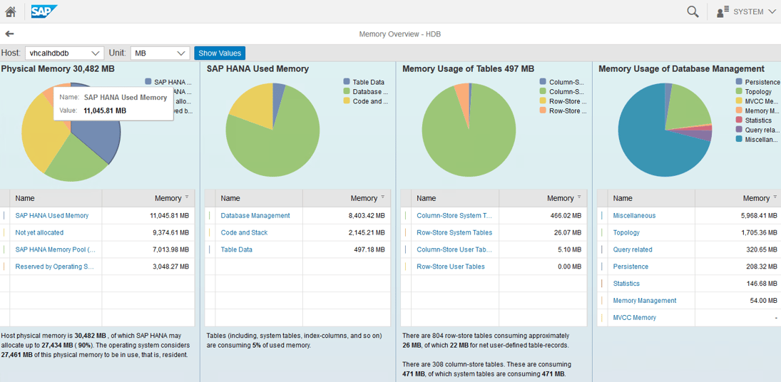 SAP HANA Cockpit Memory Details