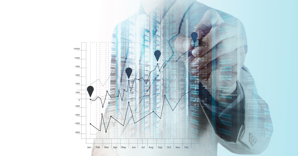 Double exposure of businessman hand working with new modern computer and business strategy as concept-1